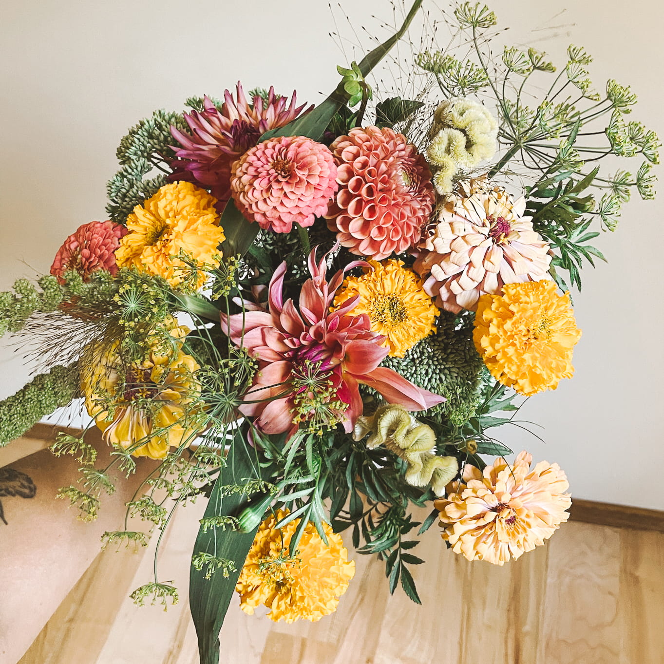 Bouquet on wood table